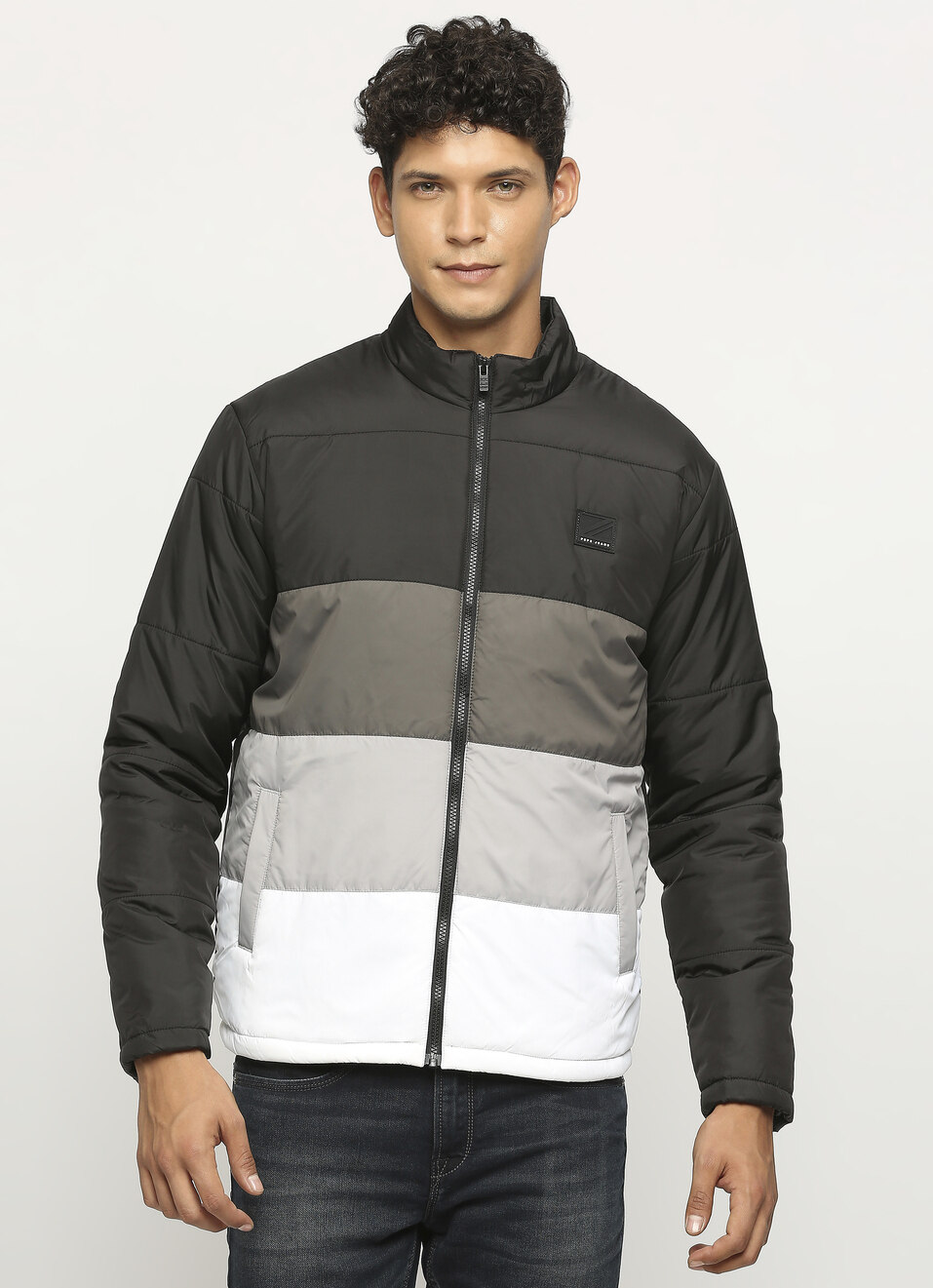 Black Colorblock Full Sleeve Puffer Jacket, , large image number 1