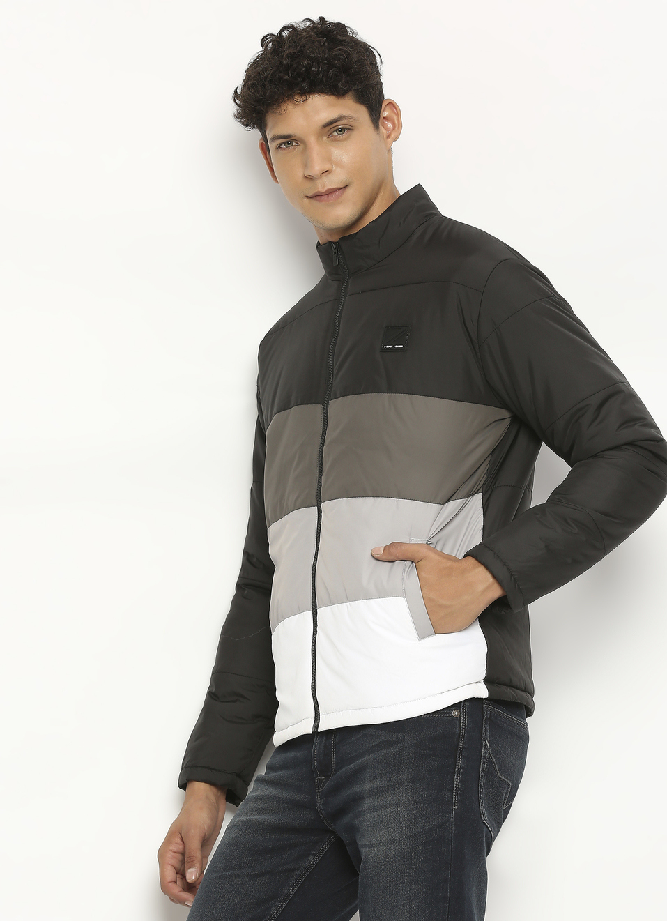 Black Colorblock Full Sleeve Puffer Jacket, , large image number 0