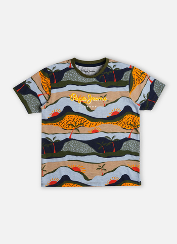 Boys Military Green Landscape Print Short Sleeve T-shirt