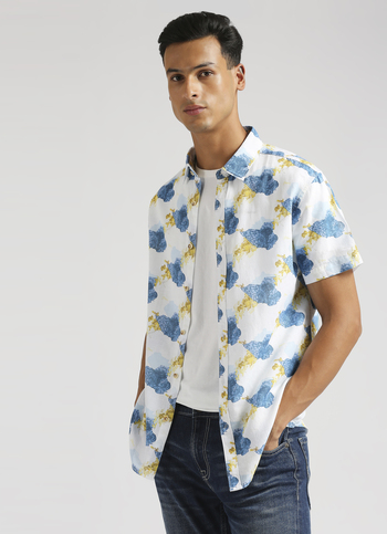 White All Over Print Linen Short Sleeve Shirt