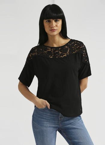 Black Lace Detail Extended Shoulder Top