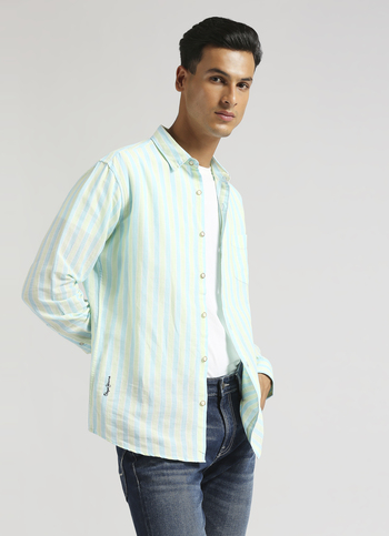 Green Summer Stripes Single Pocket Linen Long Sleeve Shirt