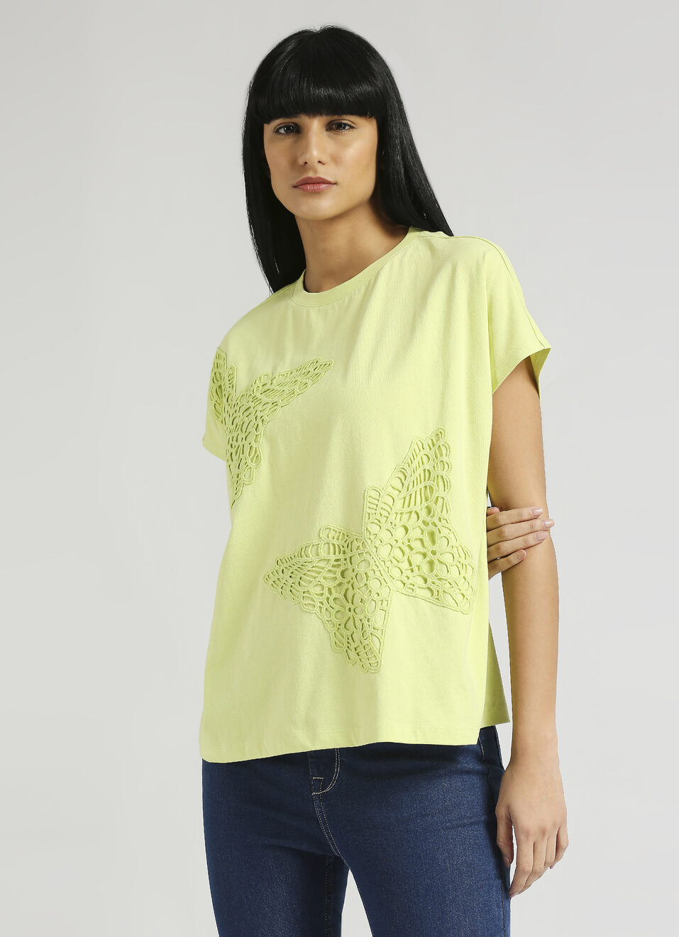 Lime Butterfly Crochet Patch Oversize T-shirt, , large image number 0