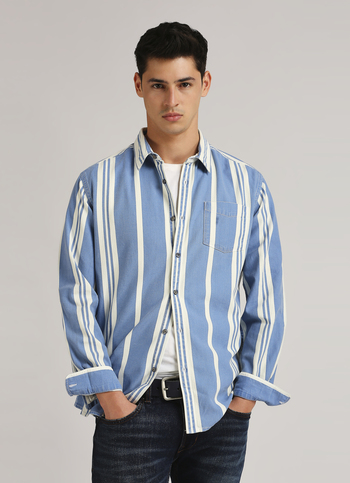 Blue Vertical Stripes Single Pocket Long Sleeve Shirt