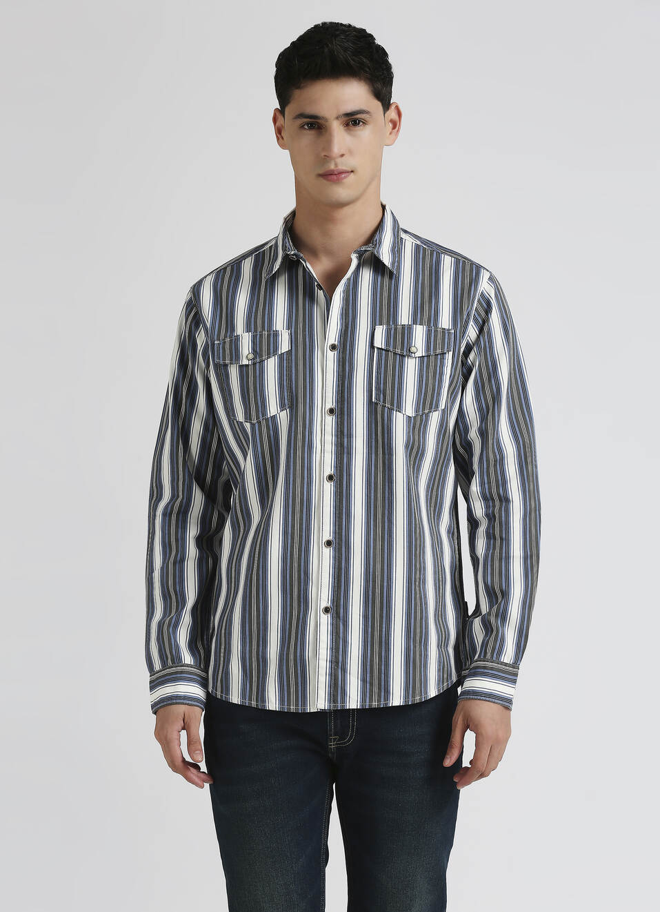 Blue Narrow Stripes Double Flap Pocket Long Sleeve Shirt, , large image number 1