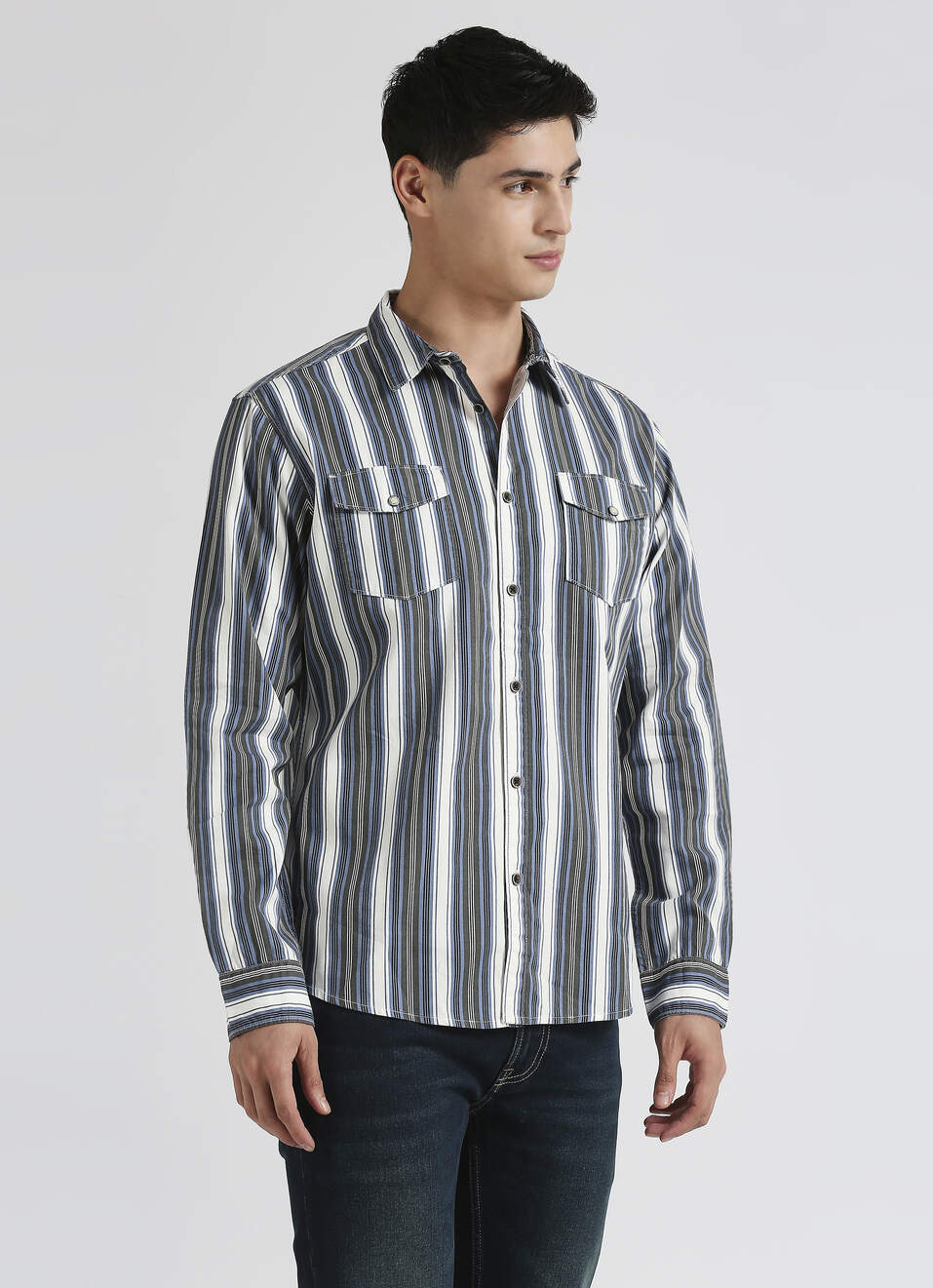 Blue Narrow Stripes Double Flap Pocket Long Sleeve Shirt, , large image number 3