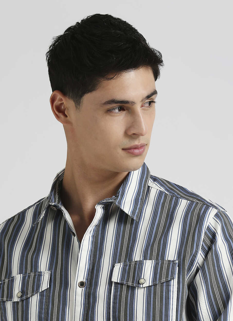 Blue Narrow Stripes Double Flap Pocket Long Sleeve Shirt, , large image number 4