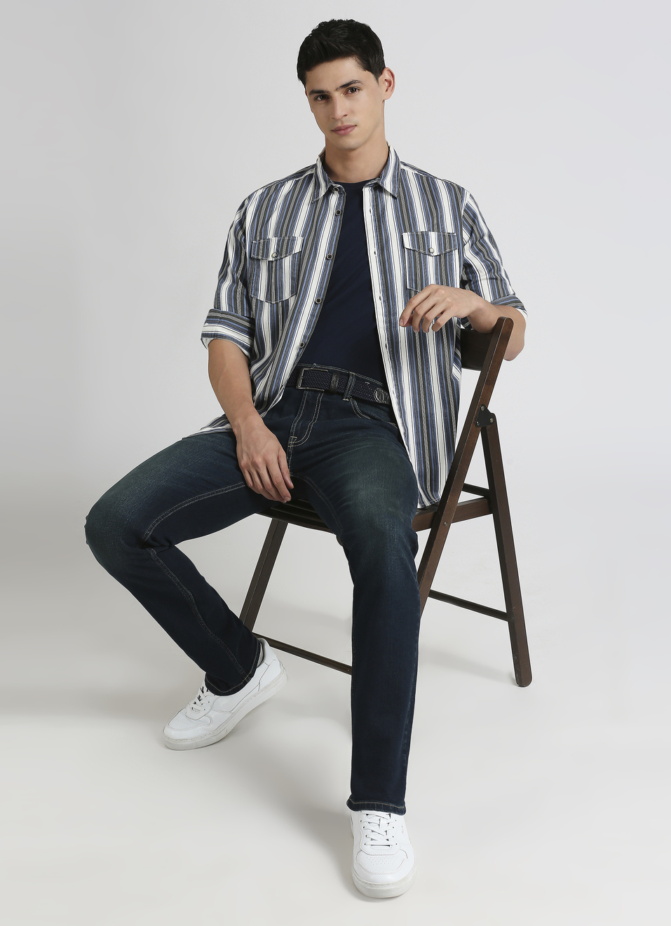 Blue Narrow Stripes Double Flap Pocket Long Sleeve Shirt, , large image number 5