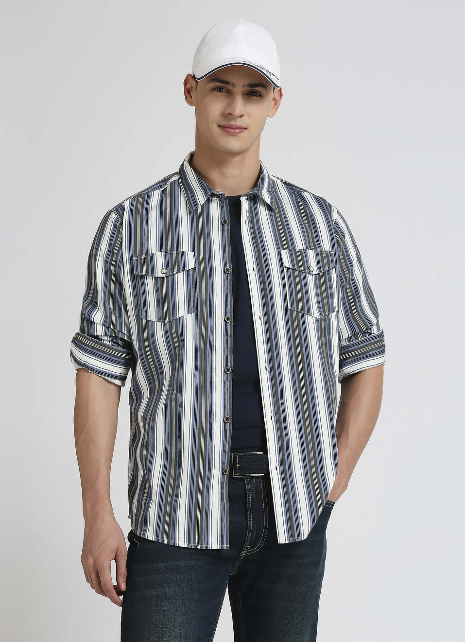 Blue Narrow Stripes Double Flap Pocket Long Sleeve Shirt, , large image number 0