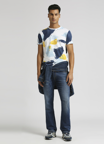 White Abstract Print Henley Neck Short Sleeve T-shirt