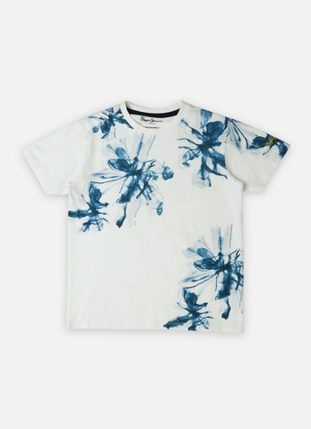 Boys White Floral Water Base Print T-shirt