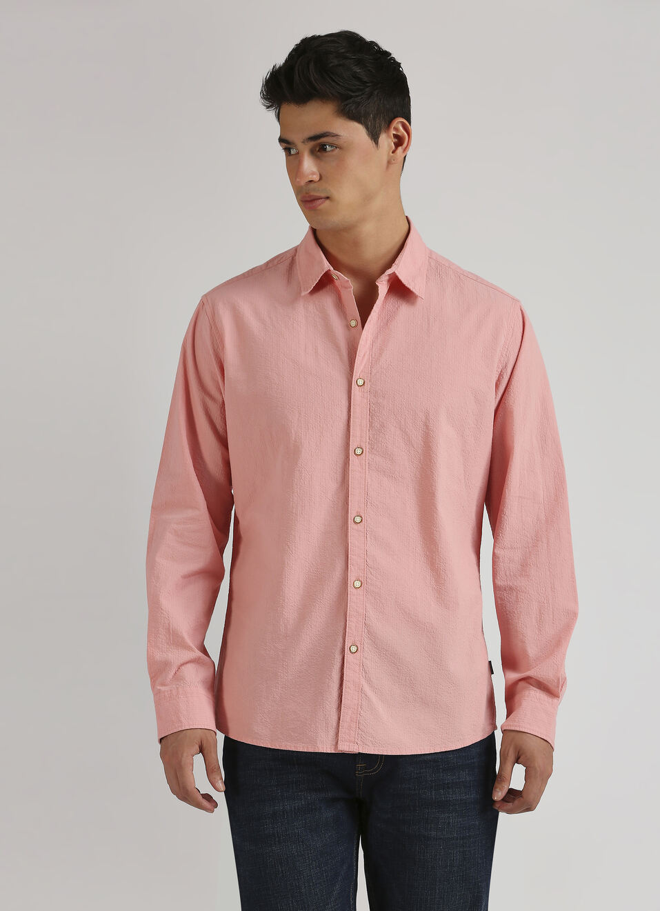 Pink Seersucker Narrow Stripes Long Sleeve Shirt, , large image number 1