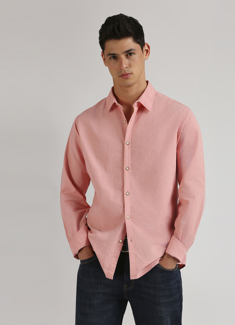 Pink Seersucker Narrow Stripes Long Sleeve Shirt, , large image number 0