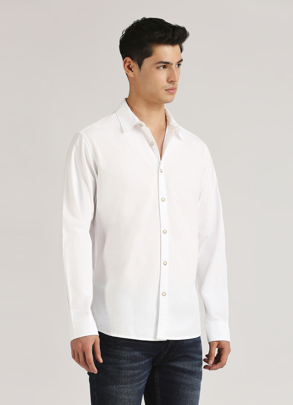White Seersucker Narrow Stripes Long Sleeve Shirt, , large image number 3