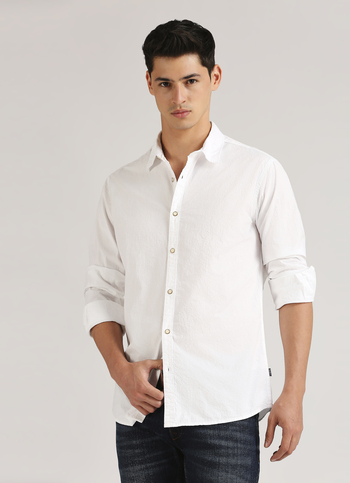 White Seersucker Narrow Stripes Long Sleeve Shirt