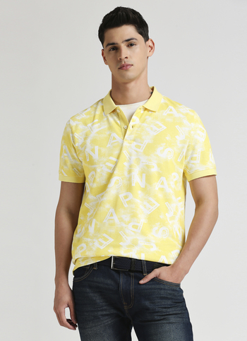 Yellow Typographic Print Summer Pique Polo