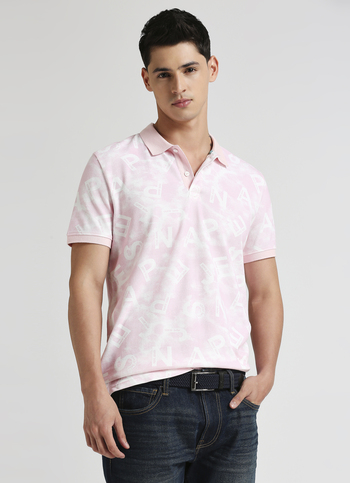 Pink Typographic Print Summer Pique Polo