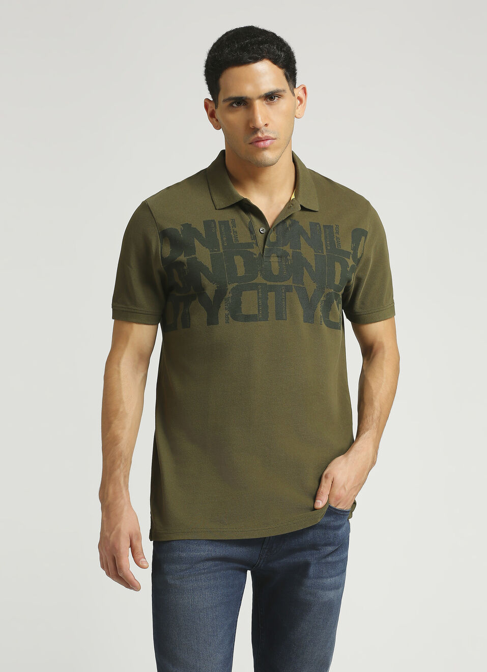 Green Typographic Print Short Sleeve Polo , , large image number 1