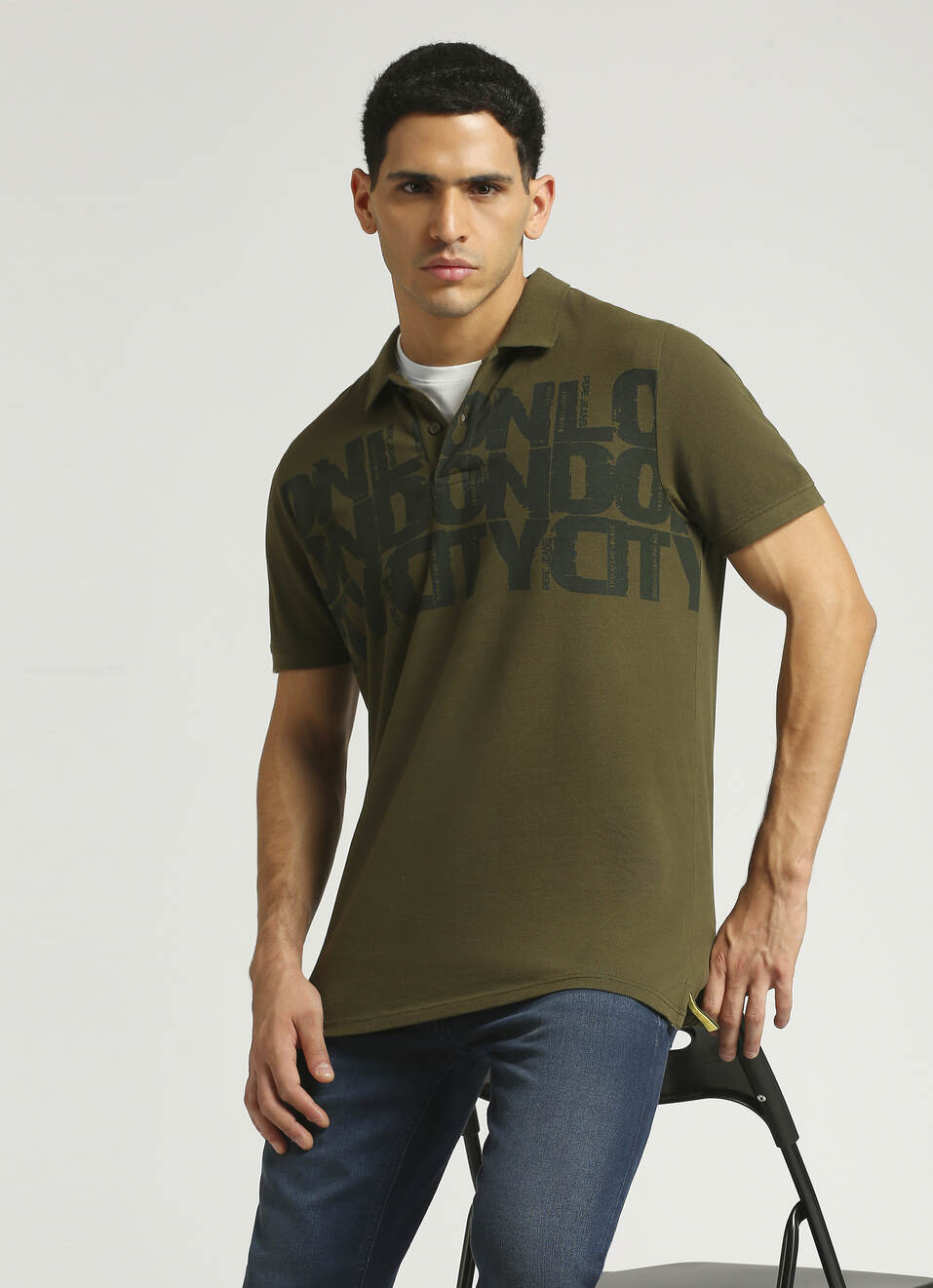 Green Typographic Print Short Sleeve Polo , , large image number 5