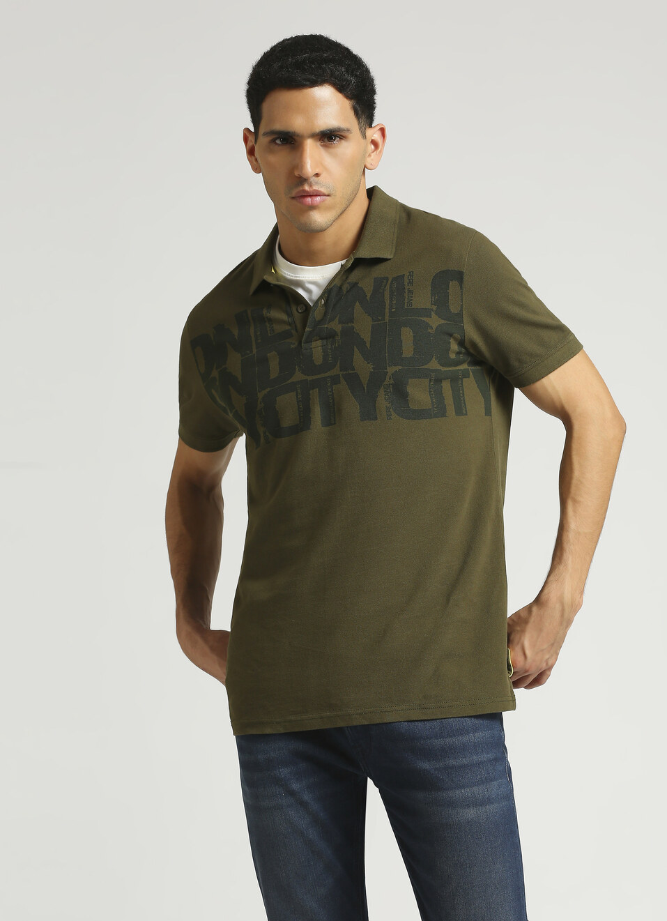 Green Typographic Print Short Sleeve Polo , , large image number 0