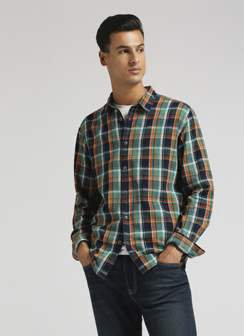 Yarn Dyed Indigo Checks Linen Long Sleeve Shirt