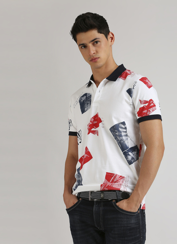 White All Over Printed Short Sleeve Stretch Polo