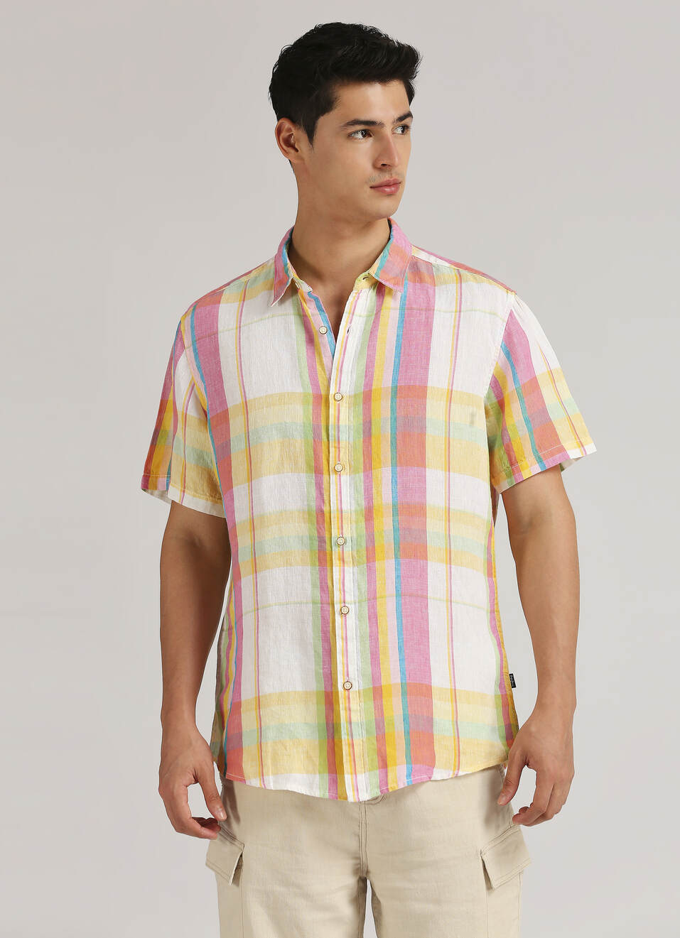 Yellow Yarn Dyed Plaid Pure Linen Short Sleeve Shirt, , large image number 1