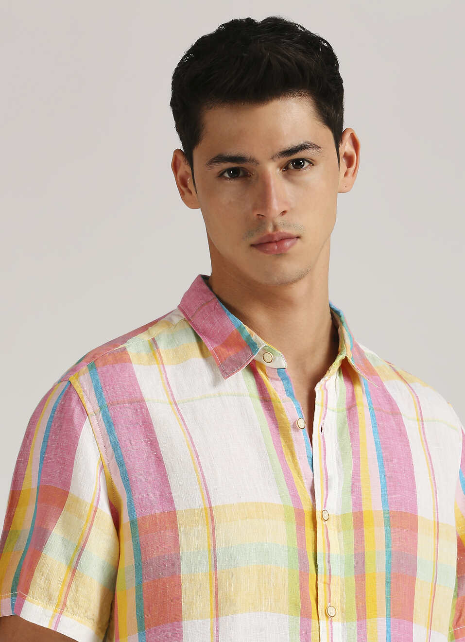 Yellow Yarn Dyed Plaid Pure Linen Short Sleeve Shirt, , large image number 4