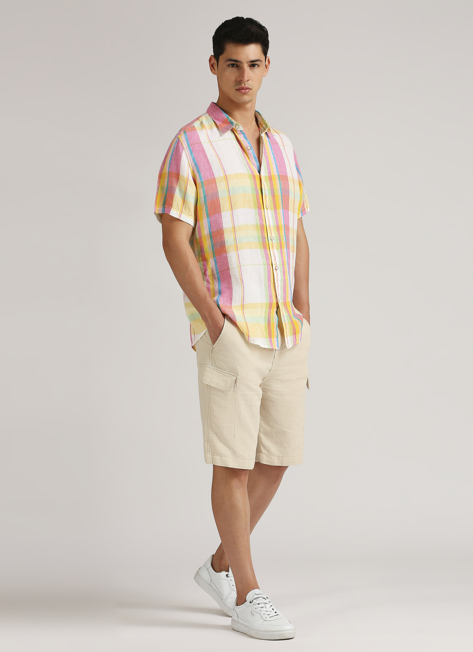 Yellow Yarn Dyed Plaid Pure Linen Short Sleeve Shirt, , large image number 5