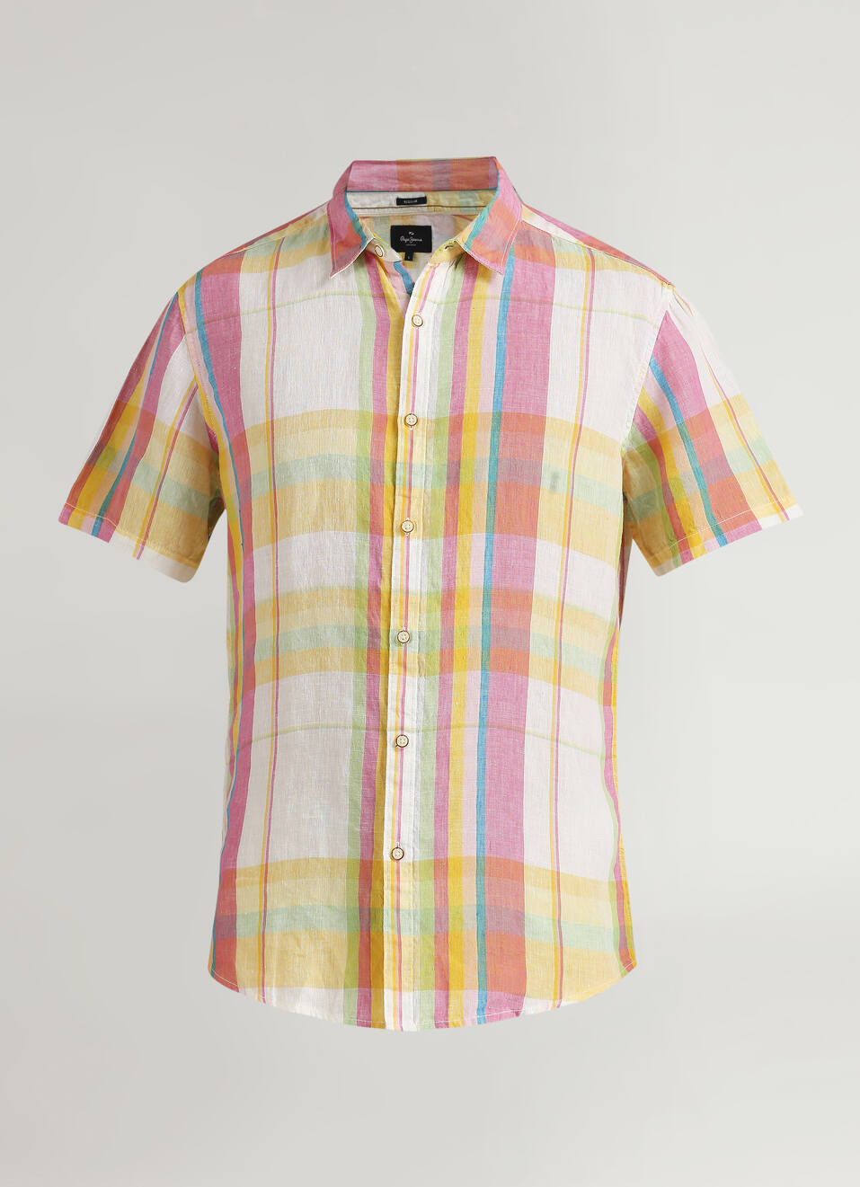 Yellow Yarn Dyed Plaid Pure Linen Short Sleeve Shirt, , large image number 6