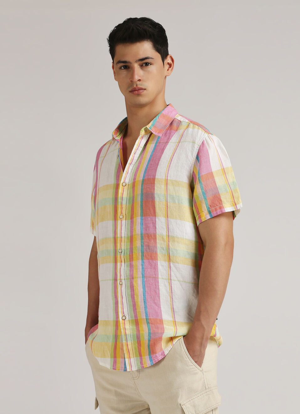 Yellow Yarn Dyed Plaid Pure Linen Short Sleeve Shirt, , large image number 0