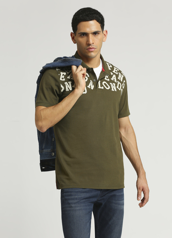 Green Typographic Print Short Sleeve Polo 