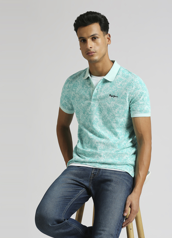 Sea Green All Over Print Pique Short Sleeve Polo