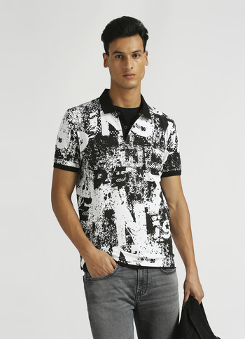 Black Typographic Print Stretch Short Sleeve Polo 