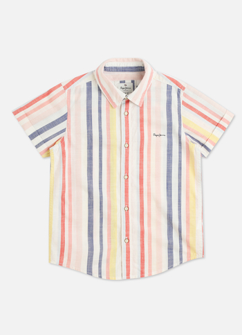 Boys Off-white Stripes Yarn Dyed Short Sleeve Shirt