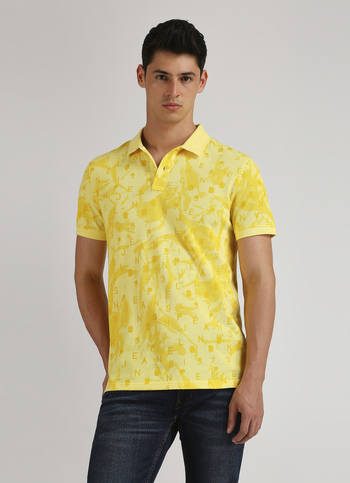 Yellow Typographic Print Pique Short Sleeve Polo