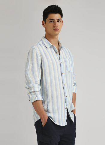 Aqua Stripes Pure Linen Summer Long Sleeve Shirt