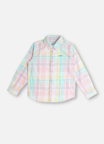 Boys Pink Twill Checks Yarn Dyed Long Sleeve Shirt