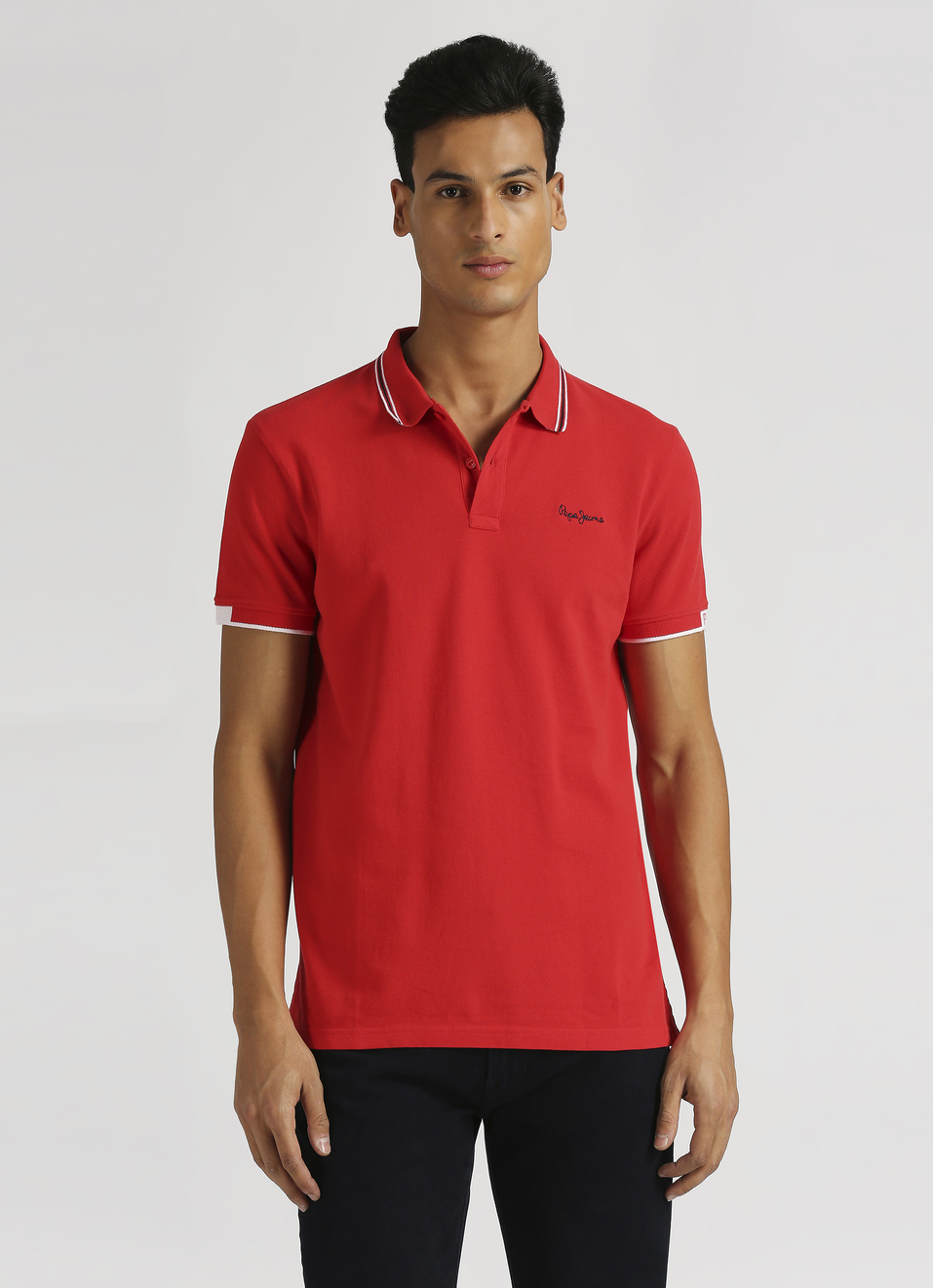 Red Solid Ribbed Collar Polo, , large image number 1