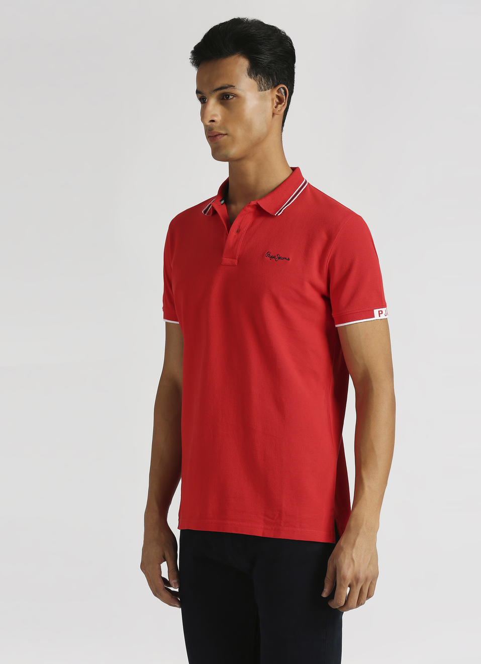 Red Solid Ribbed Collar Polo, , large image number 3