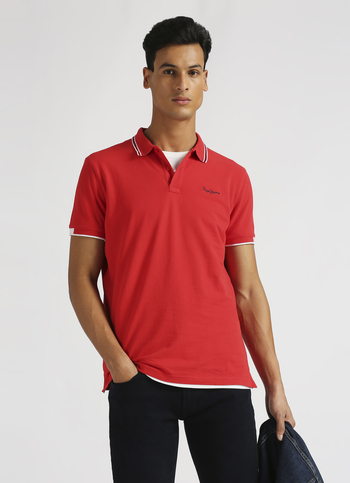 Red Solid Ribbed Collar Polo