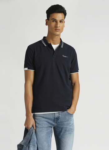 Blue Solid Ribbed Collar Polo