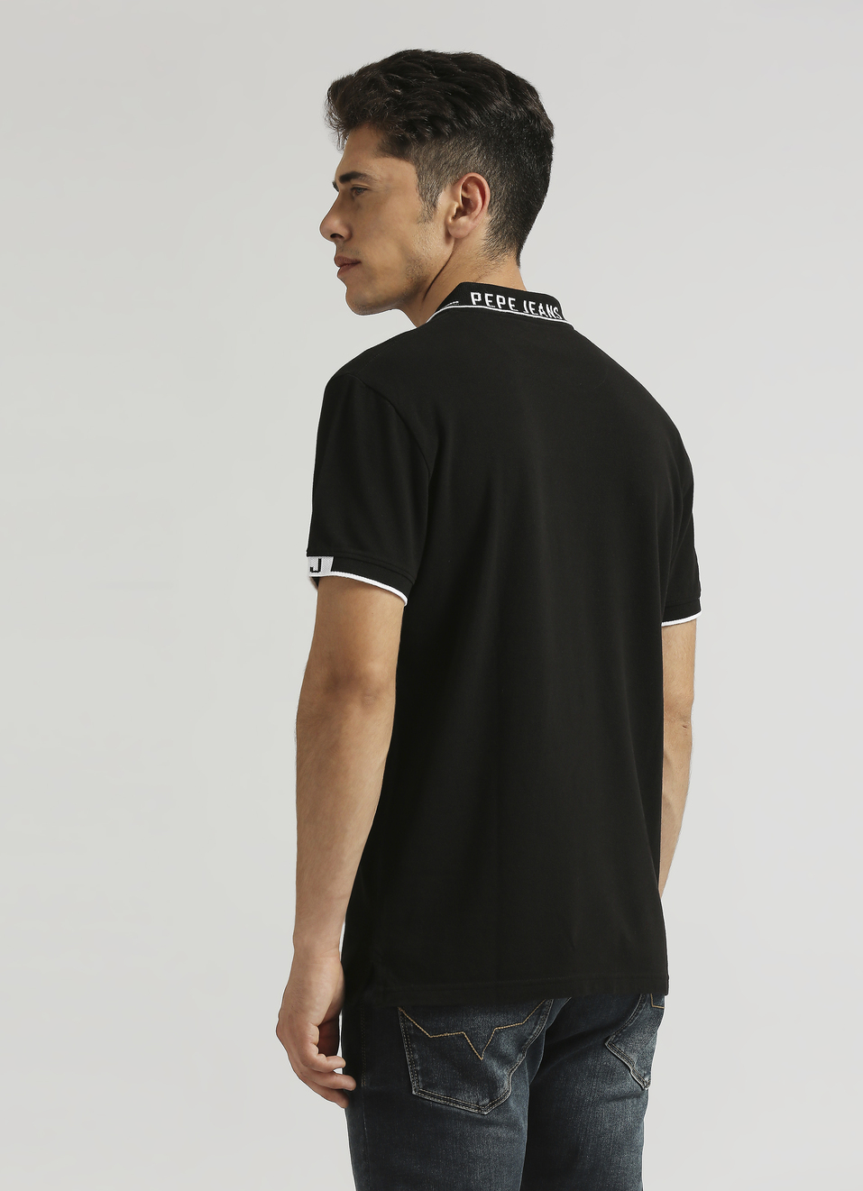 Black Solid Ribbed Collar Polo, , large image number 2