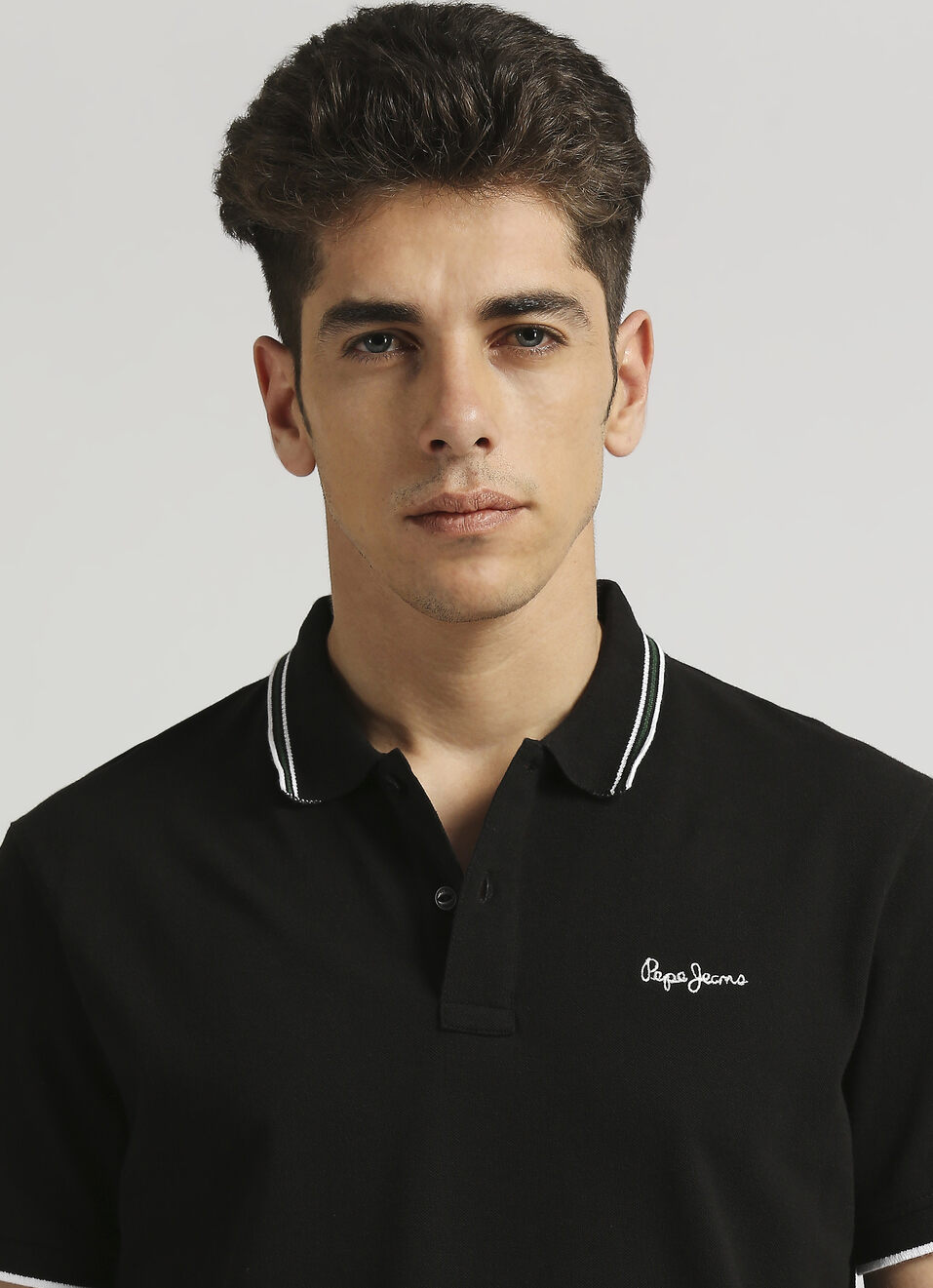 Black Solid Ribbed Collar Polo, , large image number 4