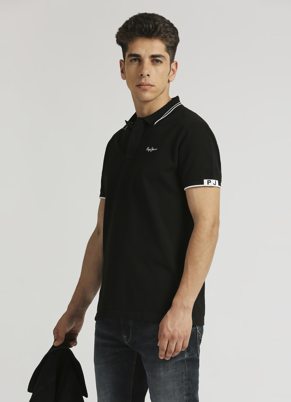 Black Solid Ribbed Collar Polo, , large image number 0