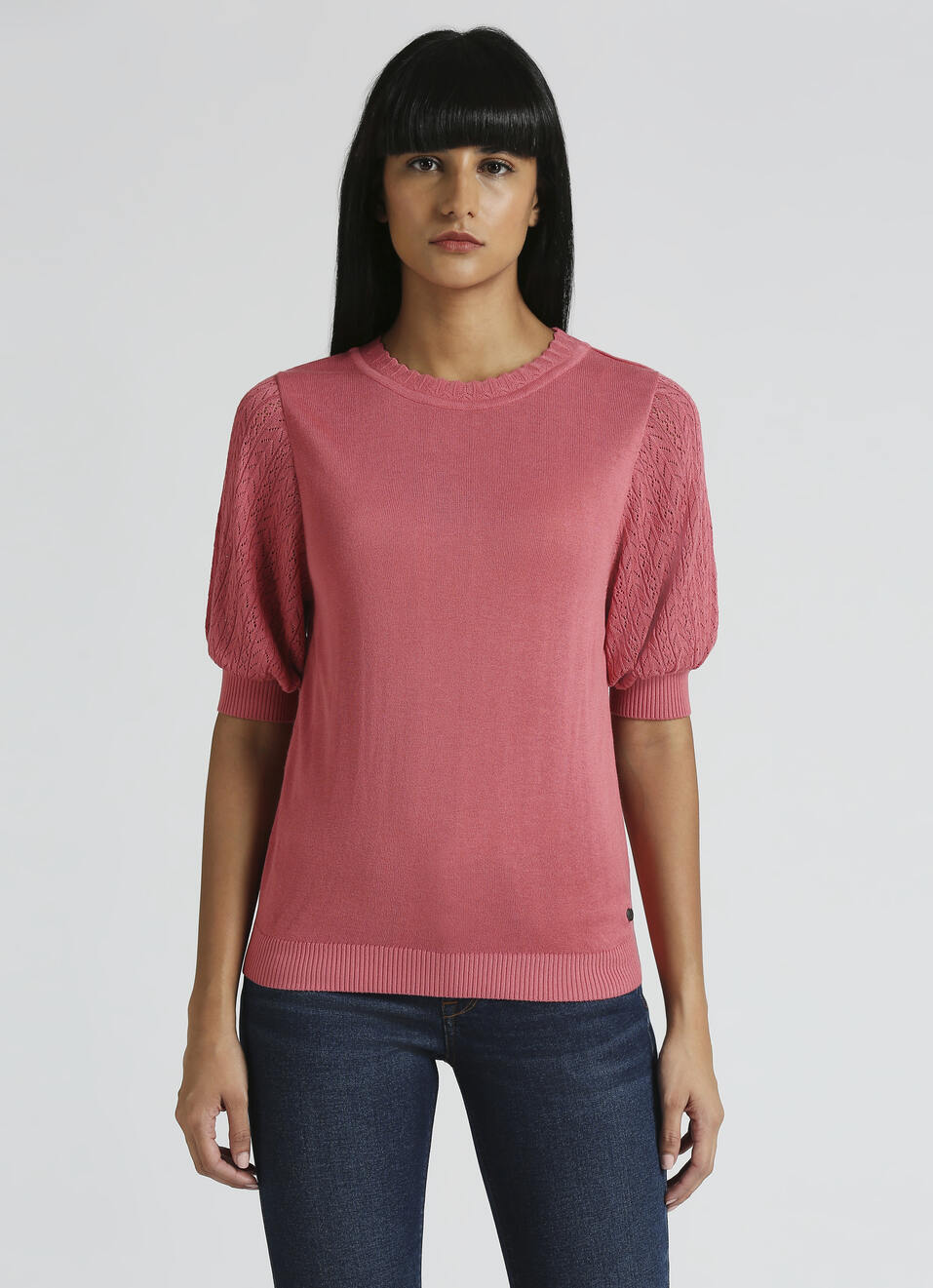 Pink Pointelle Design Puff Sleeve Flat Knit Top, , large image number 1