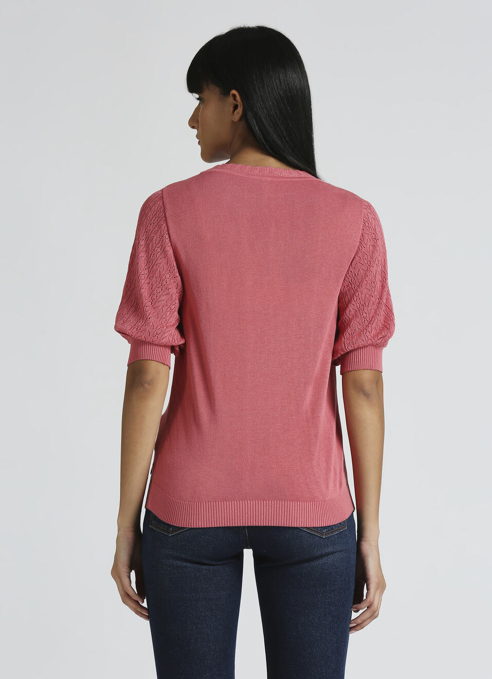 Pink Pointelle Design Puff Sleeve Flat Knit Top, , large image number 2