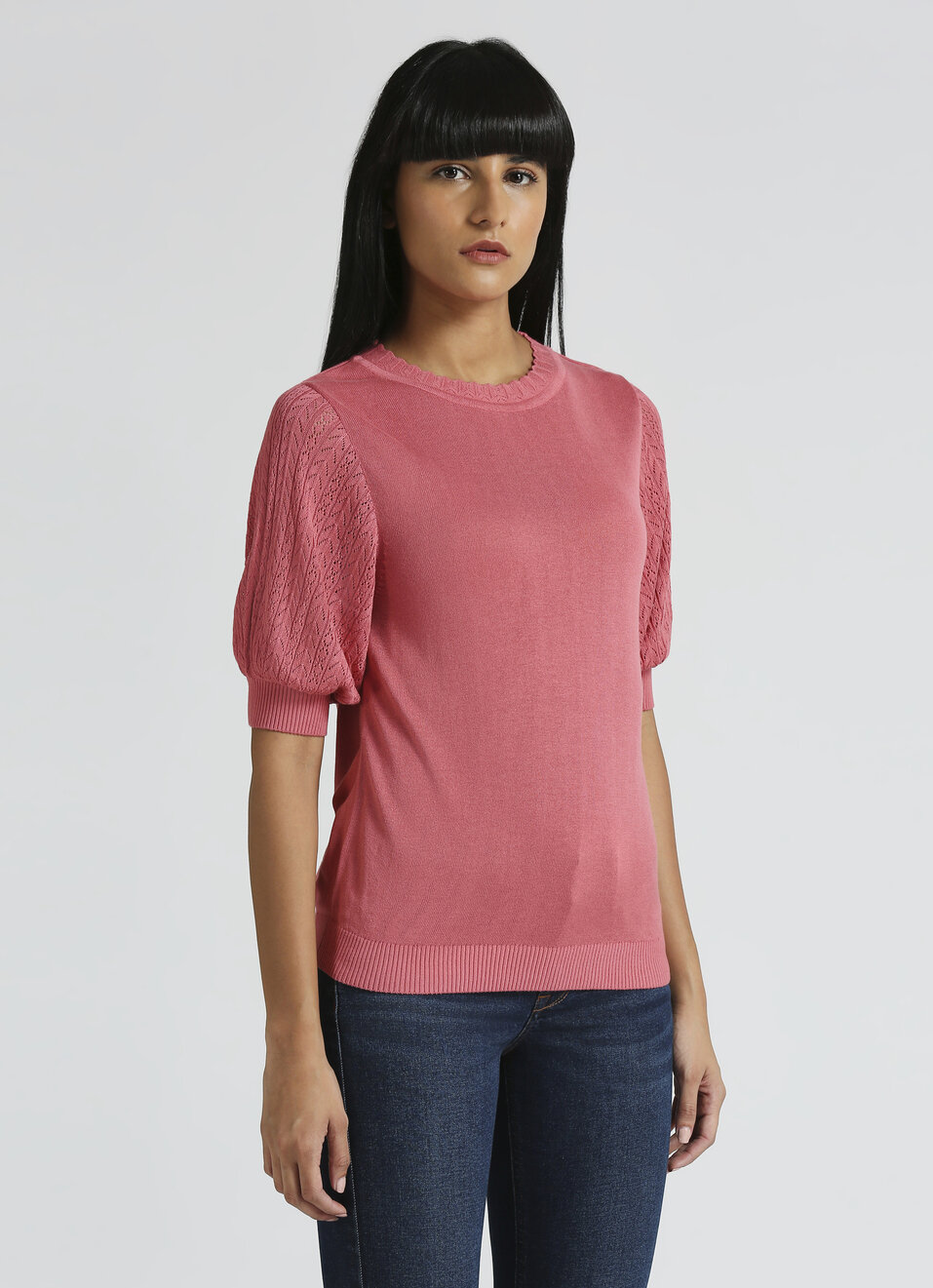 Pink Pointelle Design Puff Sleeve Flat Knit Top, , large image number 3