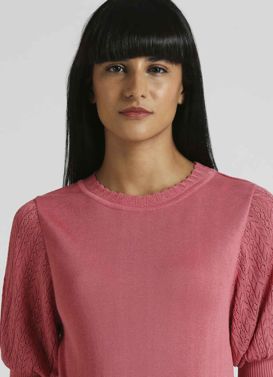 Pink Pointelle Design Puff Sleeve Flat Knit Top, , large image number 4