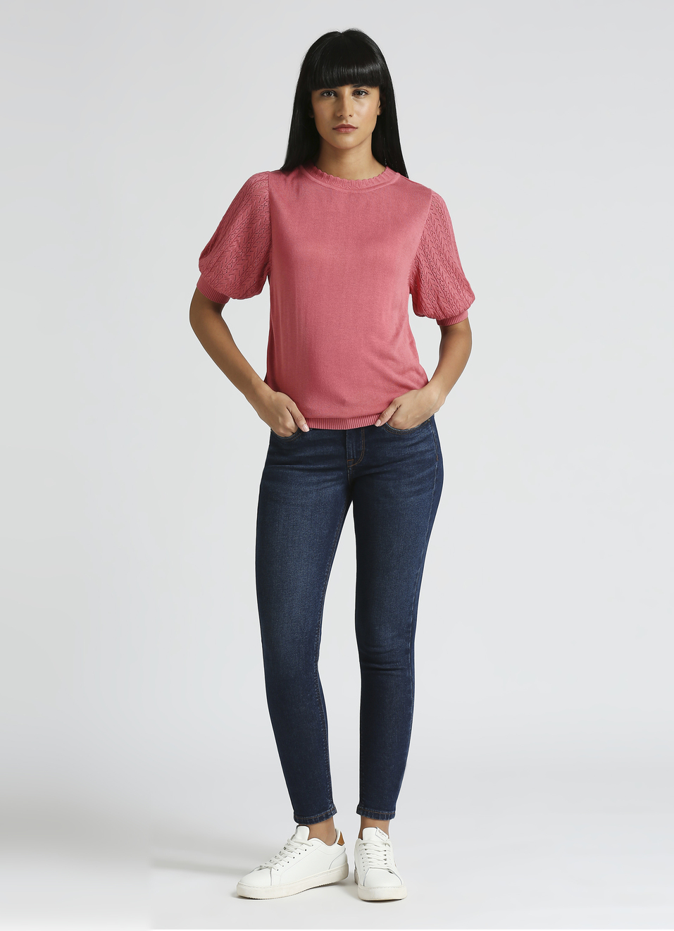 Pink Pointelle Design Puff Sleeve Flat Knit Top, , large image number 5